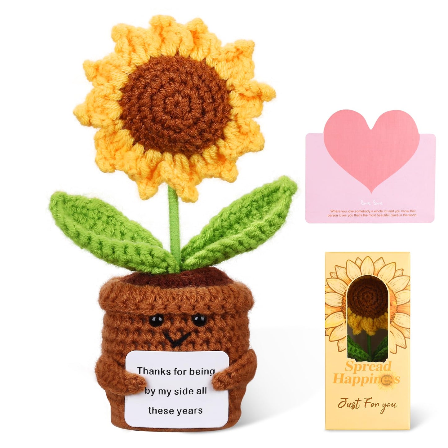 1pcs Knitted Flowers Sunflower Gifts for Women Handmade Knitted Planters with Card Crochet Gifts Birthday Gifts for Women Mom Family Friend Teacher Coworker Xmas Party（Thank）