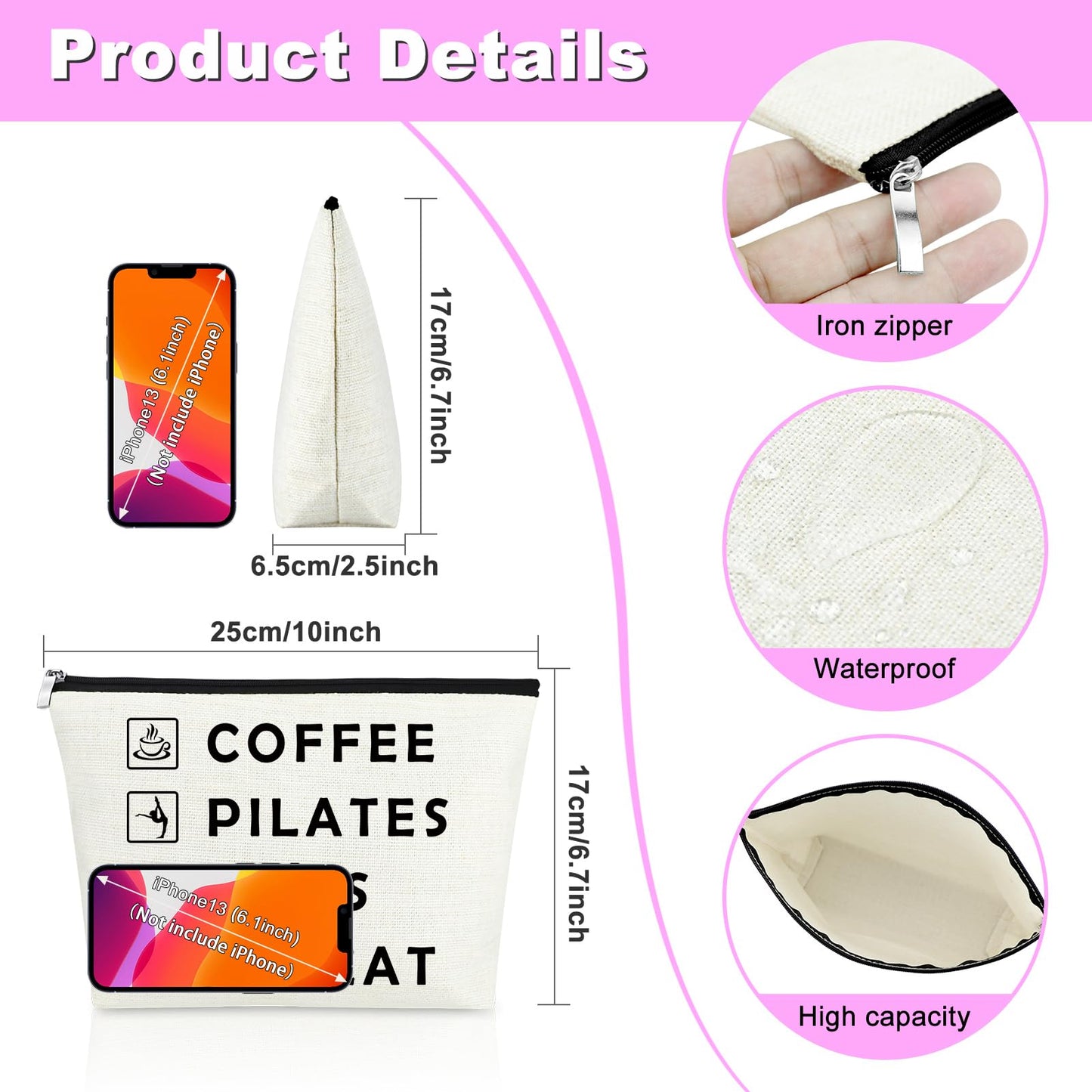 Mxrymvu Coffee Lover Gifts Makeup Bag Pilates Lover Gift Travel Bag Pilates Gifts for Women Birthday Zipper Pouch Funny Dog Lover Gifts New Pet Owner Gifts Coffee Pilates Dogs Repeat Cosmetic Bag