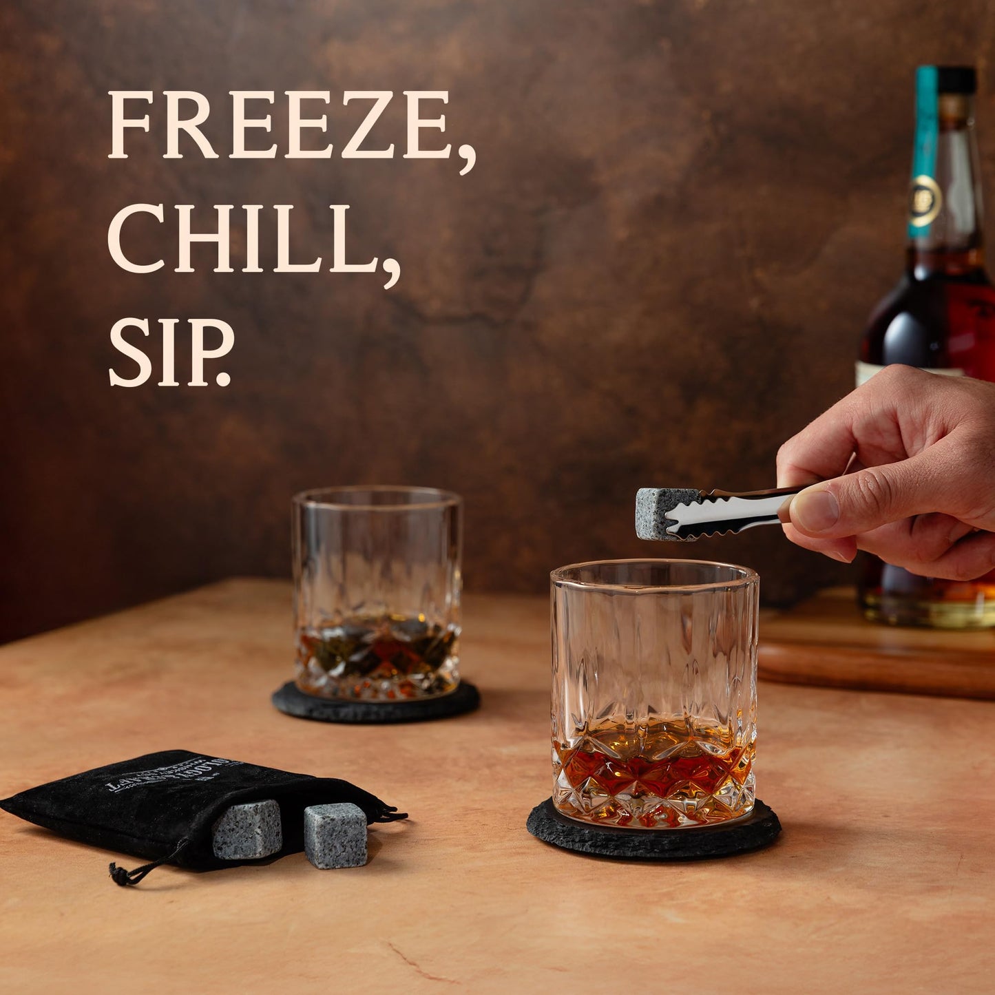 Mixology & Craft Whiskey Stones Gift Set: with Two 10oz Lead-Free Crystal Whiskey Glasses, 8 Whiskey Stones with Velvet Bag, 2 Slate Coasters & Recipe Cards in Wooden Crate | Great