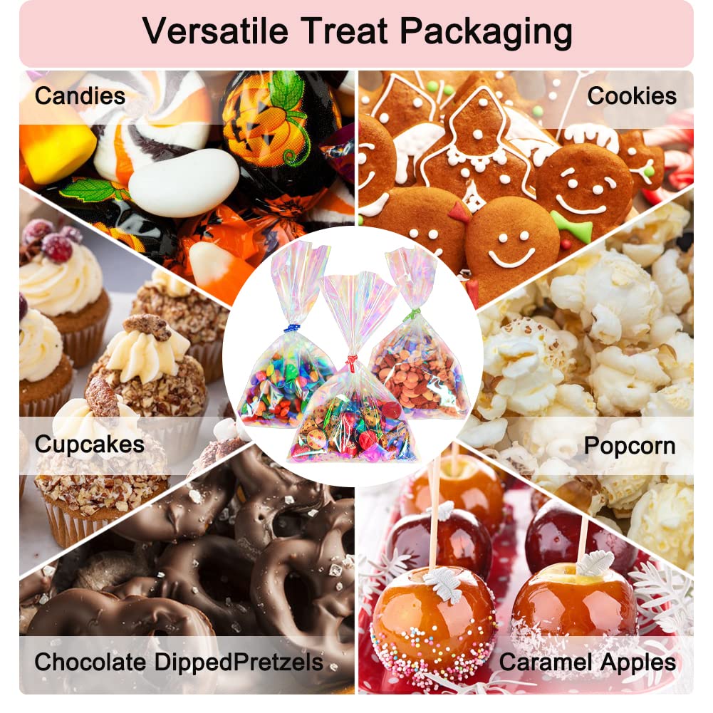 HRX Package 120pcs Iridescent Cellophane Treat Bags with Ties, 6x9 inch Holographic Plastic Goody Bags for Candy Party Favors Small Gifts