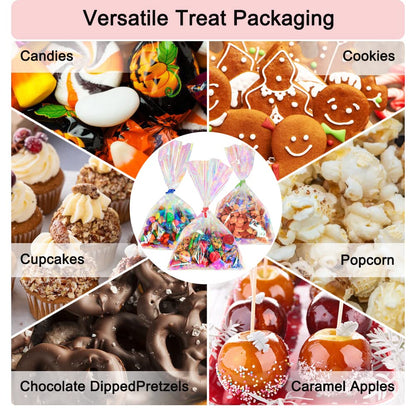 HRX Package 120pcs Iridescent Cellophane Treat Bags with Ties, 6x9 inch Holographic Plastic Goody Bags for Candy Party Favors Small Gifts