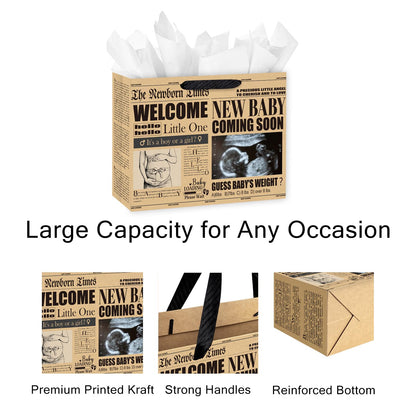 Loveinside 13" Large Baby Shower Newspaper Gift Bag, Vintage Welcome New Baby Design, Gender Neutral Kraft Party Bag with Tissue Paper for Pregnancy Announcement, Newborn Gifts, 13" x 5" x 10", 1 Pcs