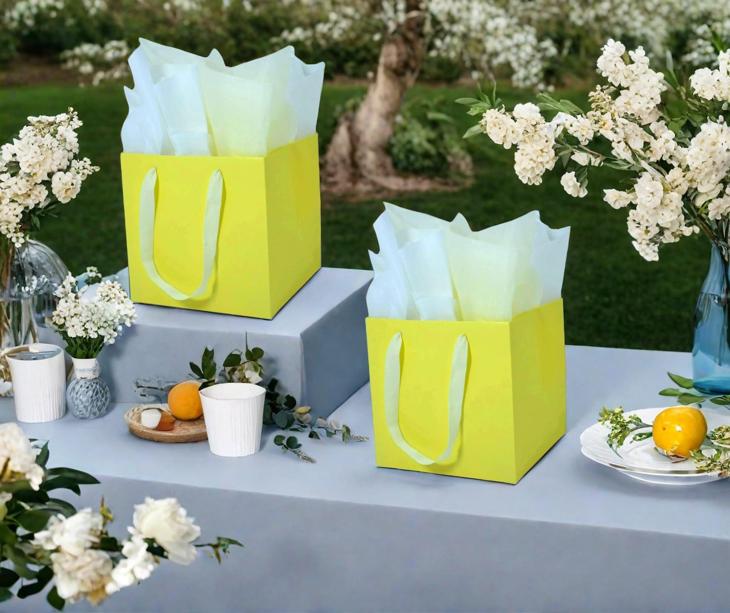 JUNESHE 2 Pack Small Square Gift Bags with Handles & Tissue Paper, 5.9 inch Yellow Paper Bag for Birthday Party Favors Baby Bridal Shower Presents Wedding Anniversary