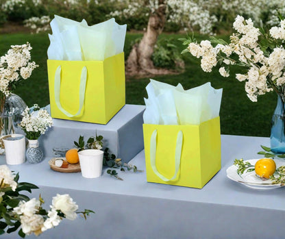 JUNESHE 2 Pack Small Square Gift Bags with Handles & Tissue Paper, 5.9 inch Yellow Paper Bag for Birthday Party Favors Baby Bridal Shower Presents Wedding Anniversary