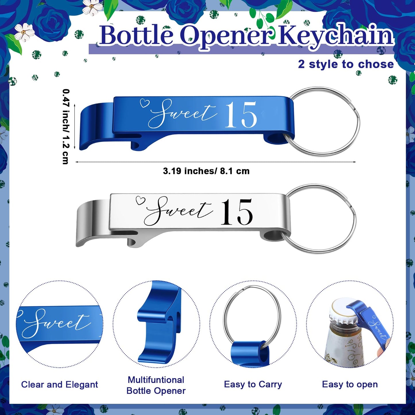 Dandat 50 Sets Quinceanera Party Favors for Guests Sweet 15 Bottle Opener Keychain with Thank You Cards Organza Bags Rope Quinceanera Gift for 15th Birthday Party Favor Guests (Blue,Silver)