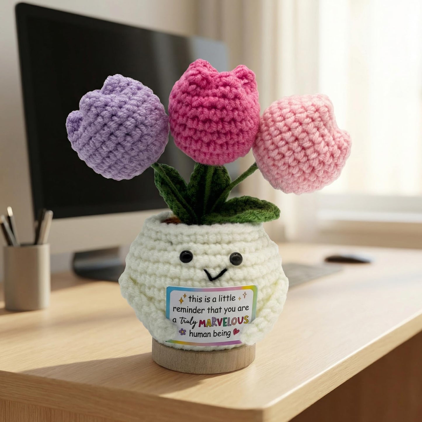 Handmade Crochet Tulip Doll, Positive Crochet Flowers, Perfect Teacher,Mothers Day, Birthday, Friendship Gifts for Women, Appreciation Gifts for Coworkers & Besties