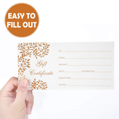 Outus 50 Pcs Blank Gift Certificates for Business Vouchers Coupon Certificates Cards Graduation Gift Card for Spa Salon Restaurants Custom Client Birthday Wedding, 3.5 x 7 Inch(White)