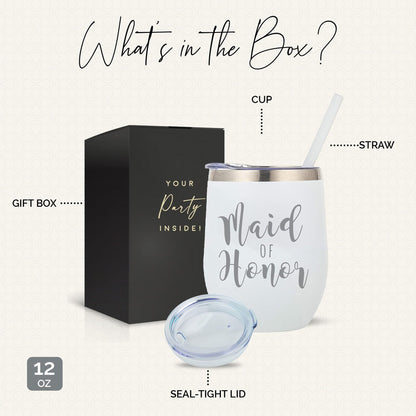 Your Dream Party Shop Maid of Honor Tumbler, 12oz - White Stainless Steel Stemless Wine Cup, Proposal Gifts from Bride - Maid of Honor Gifts Proposal
