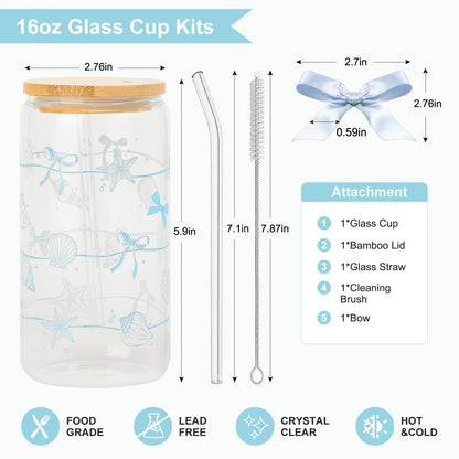 Ocean Animals Glass Cup with Lid and Straw, 16oz Iced Coffee Cup Tumbler Beach Gifts for Women Teen Girls Valentines Gifts for Mom Wife Sister Friends Colleagues Beach Lovers