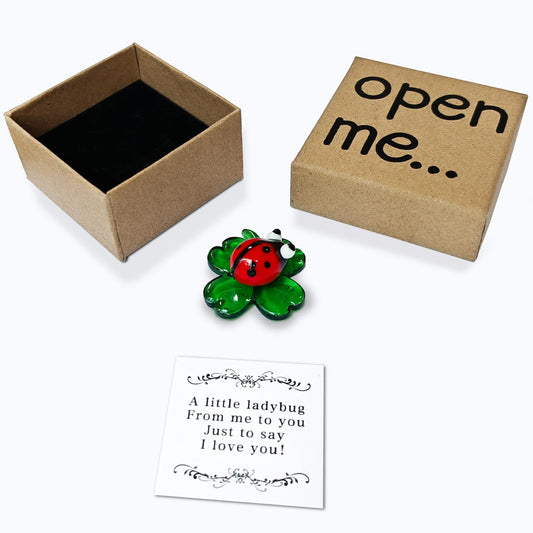 Laozai I Love You Gift, Lucky Charm,Hand-Blown Mini Crystal Ladybug on 4-Leaf Clover Figurine Perfect Good Luck Gift for Him Boyfriend or Girlfriend Valentine's Day Anniversary