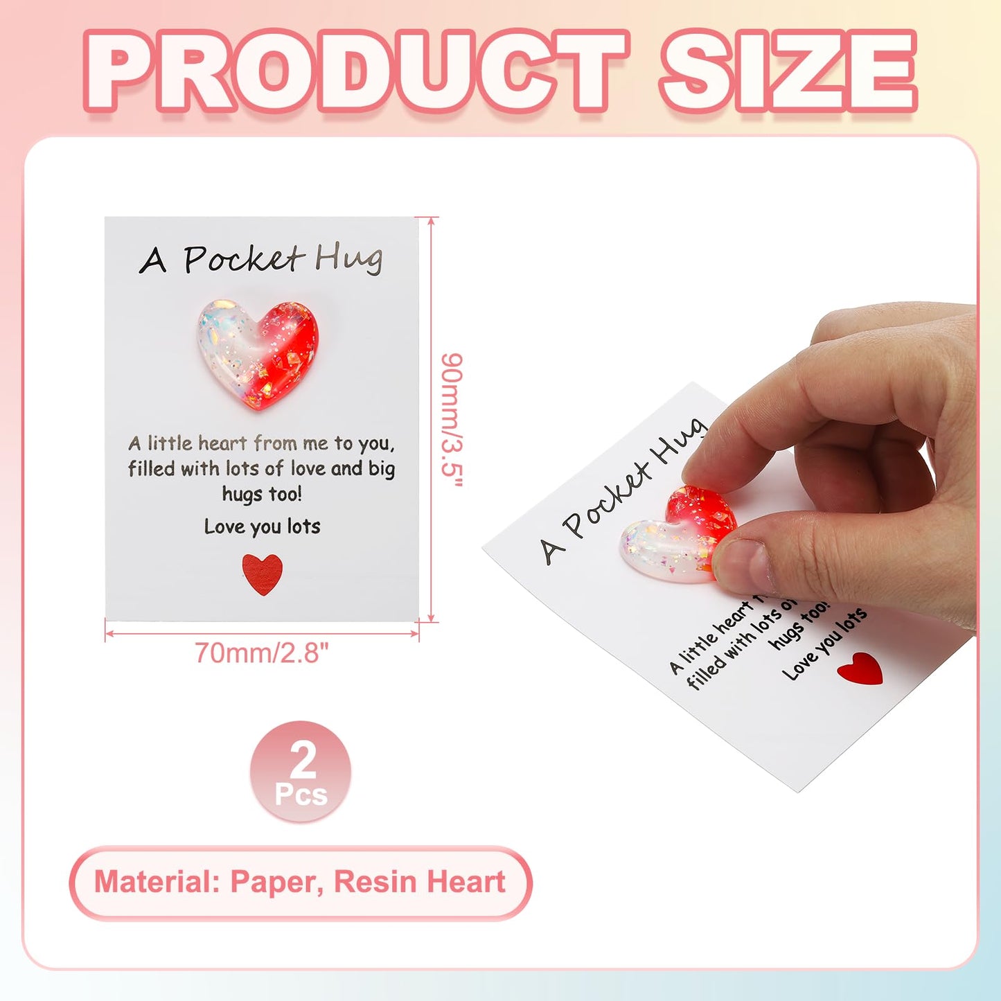 PATIKIL 2 Pack Pocket Hug Heart with Greeting Card, Pocket Hug Token Love Cards Cute A Little Resin Heart Shape Bulk for Friends Long Distance Relationship Gifts, White Red
