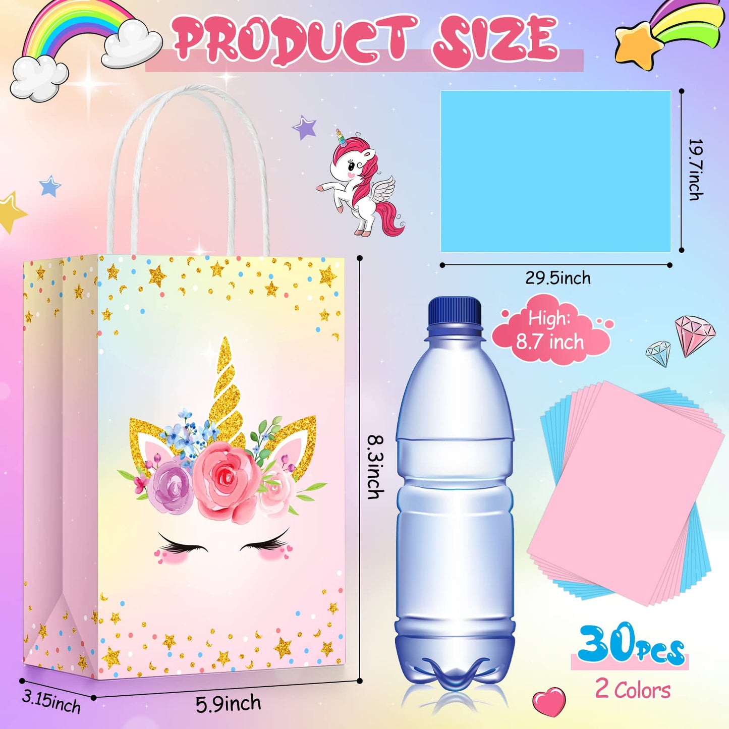 Sherr 30 Pcs Unicorn Party Favor Bags with Handles Tissue 8.3 Inches Paper Candy Treat Goodie Gift Unicorn Party Supplies for Kids Girls Boys Gender Reveal Baby Shower Birthday Decorations
