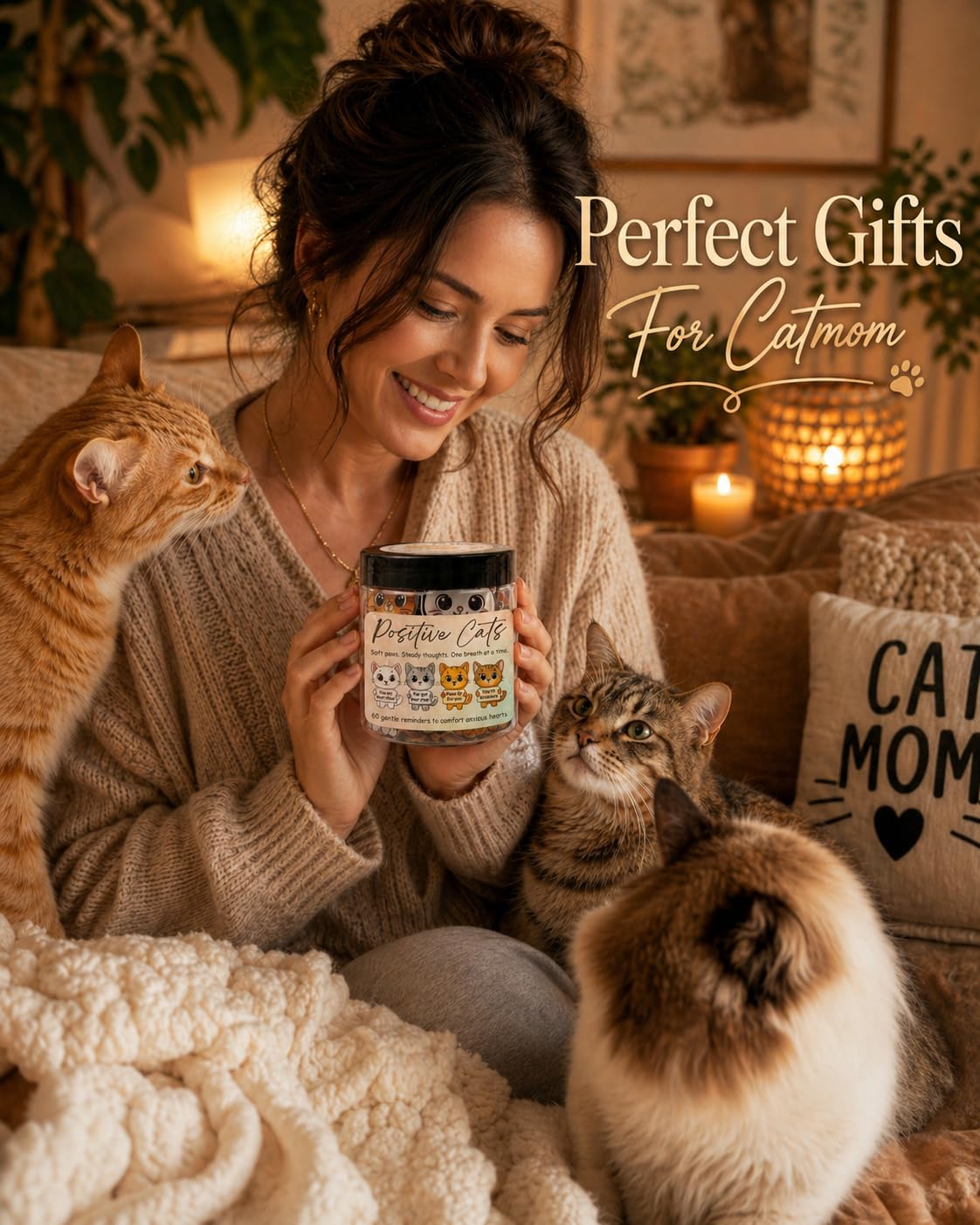 Miarita Positive Cats Jar – 60 Affirmation Cards for Anxiety & Self Care, Cat Mom Gifts For Women, Mothers Day Gifts For Cat Mom, Cat Themed Gift for Mom, Teens & Men, Kids, Coworkers