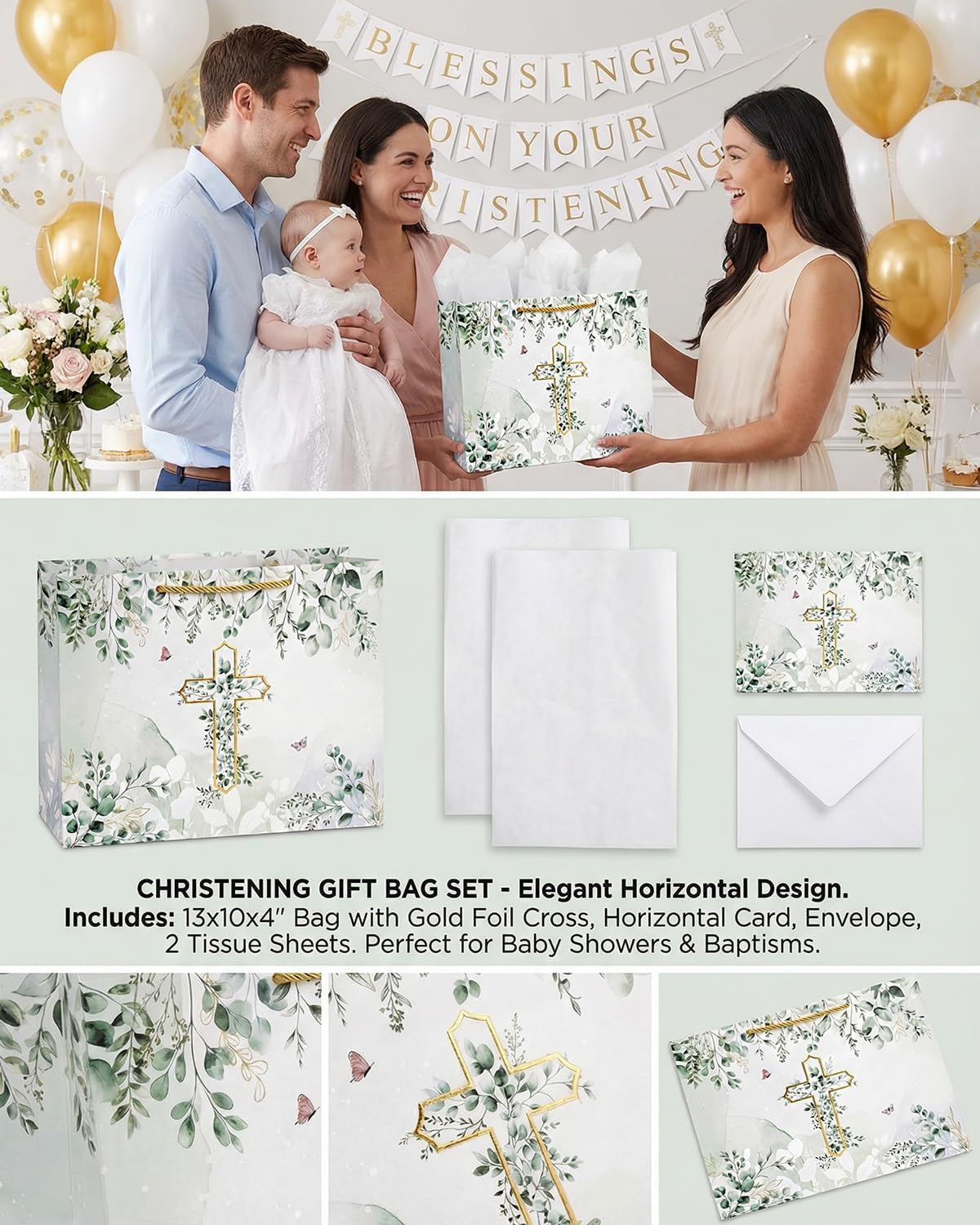 GFInYHM Baptism Gift Bag with Card and Tissue Paper, 13" Gold Foil Cross Eucalyptus Leaves Religious Gift Bags Set for First Communion, Christening, Baby Shower, Wedding, Easter, Confirmation