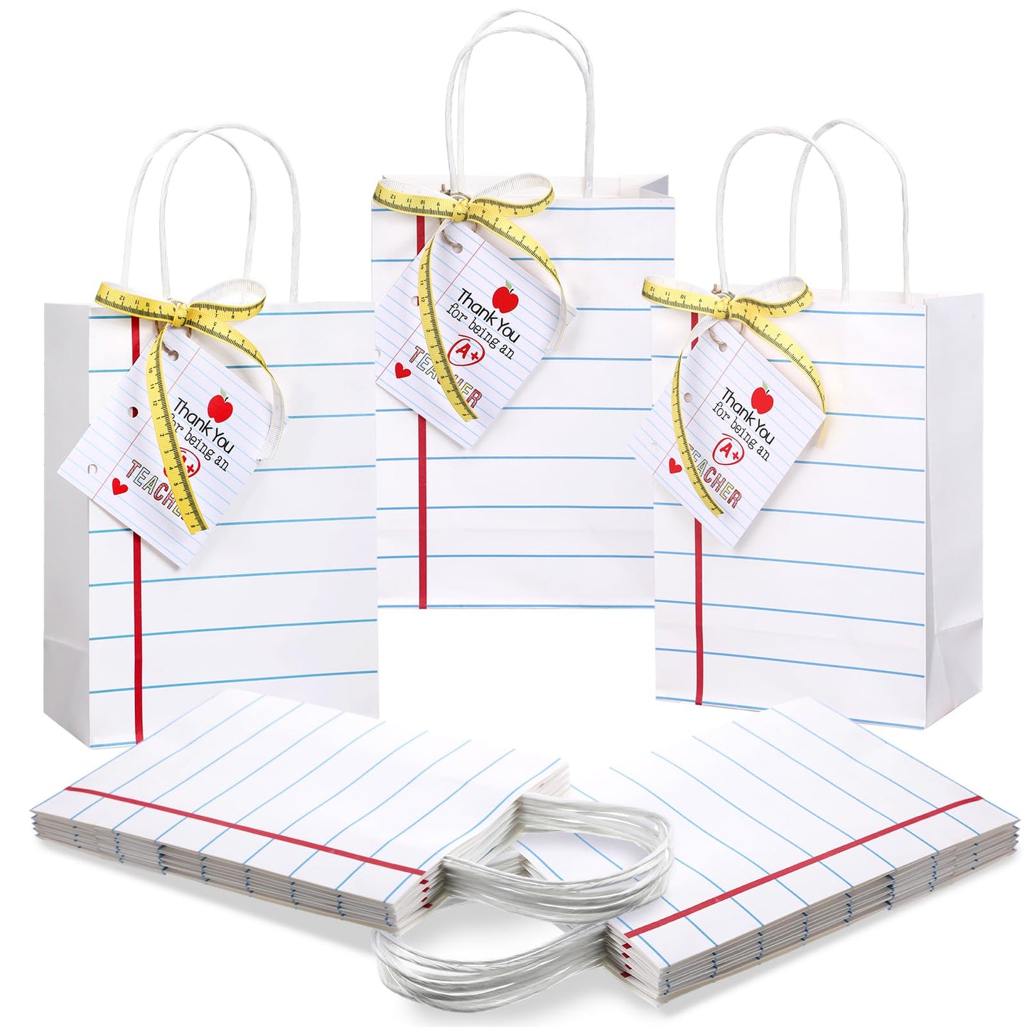 Gilprop 12 Pcs Teacher Appreciation Gift Bags with Paper Tag Thank You Teacher Gift Bags with Handle End of Year Gifts with Tape Measure Ribbon for Graduation Party Favor(Notebook,White)