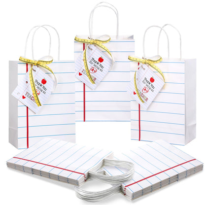 Gilprop 12 Pcs Teacher Appreciation Gift Bags with Paper Tag Thank You Teacher Gift Bags with Handle End of Year Gifts with Tape Measure Ribbon for Graduation Party Favor(Notebook,White)