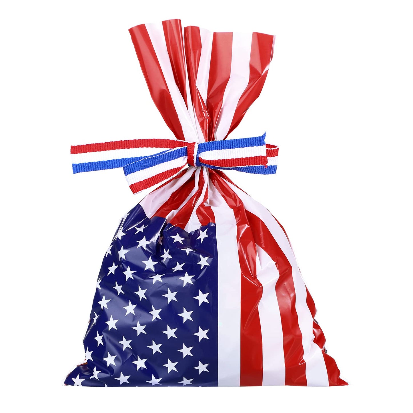 Tenare 100 Pcs Patriotic Gift Cellophane Bags Bulk Plastic Red White Blue American Favor Flag Cellophane Bags 4th of July Treat Goodie Candy Pouches with Ribbon for Veterans Party Favors