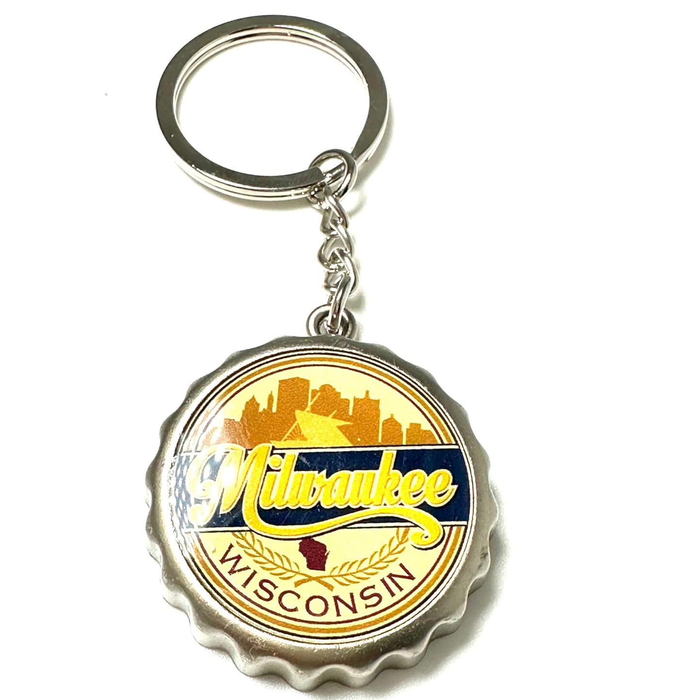 Milwaukee Keychain Metal Opener Wisconsin Vacation Souvenir Key Ring with Bottle Cap Skyline Design
