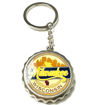 Milwaukee Keychain Metal Opener Wisconsin Vacation Souvenir Key Ring with Bottle Cap Skyline Design
