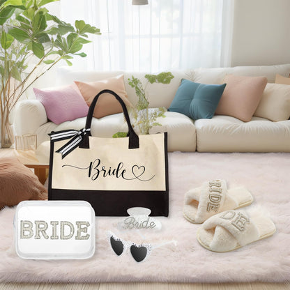 5Pcs Bridal Shower Gifts Set with Bride Bag Cosmetic Bag Sunglasses Slippers Hair Clip, Suitable for Bridal Shower, Weddings, Bachelorette Gifts for Bride, Bride Gift Set