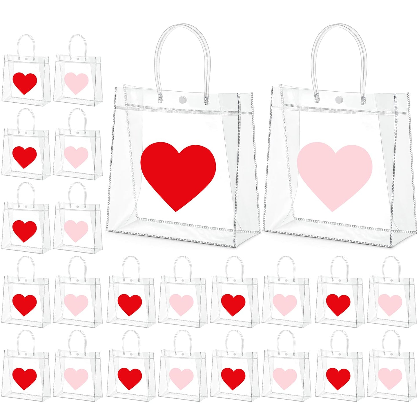 Aliceset 24 Pcs Heart Gift Bags Bulk Clear PVC Gift Bags with Handles Heart Pattern Reusable Transparent Tote for Party Favors Candy Treat Mother's Day (Mom, 9.84"x 9.84"x 3.54")