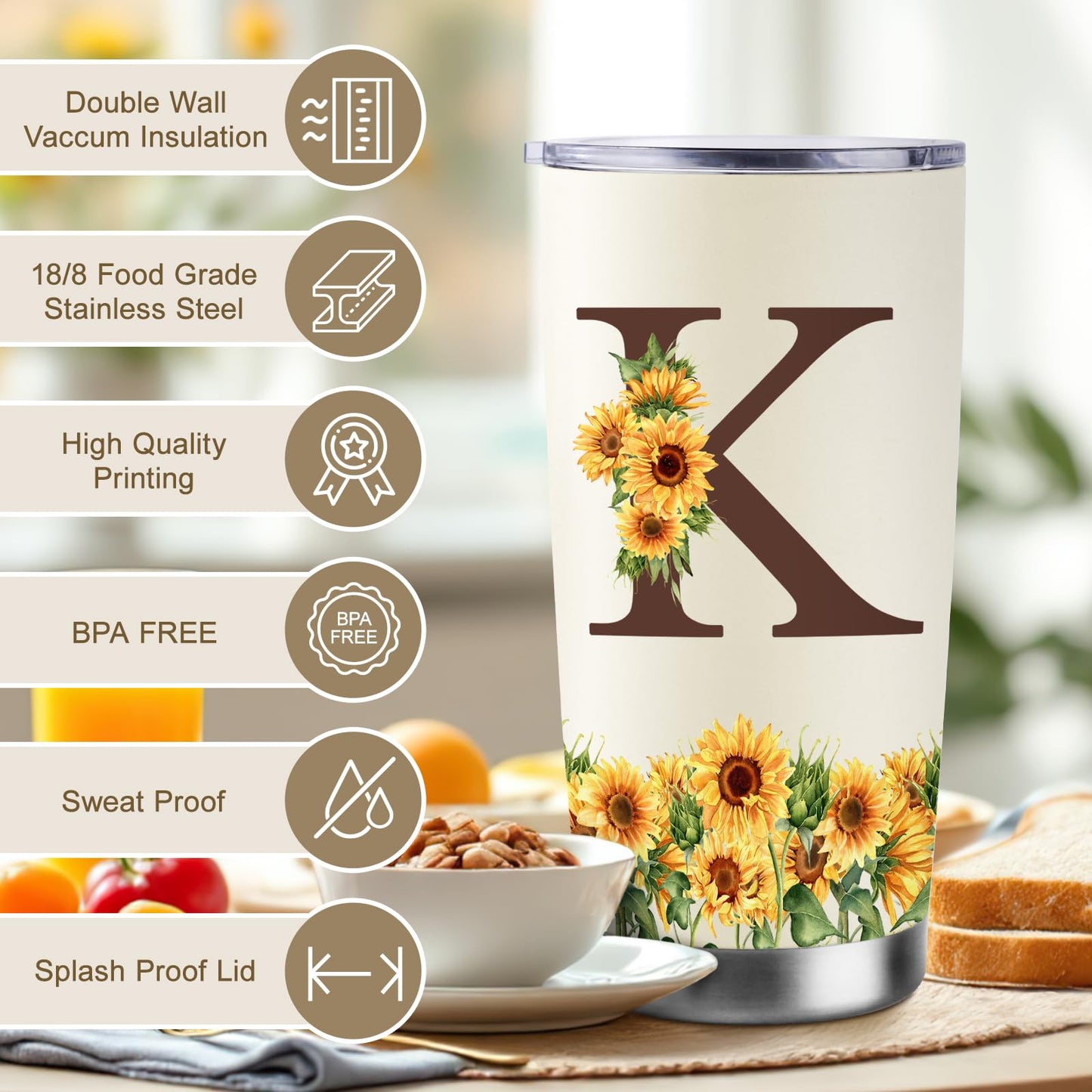 Sunflower Gifts for Women - Personalized Gifts for Women - Birthday Gift for Woman - Mothers Day Gift for Mom - Monogrammed, Initial 20oz Travel Cup Insulated Tumbler with Lid, K