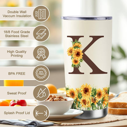 Sunflower Gifts for Women - Personalized Gifts for Women - Birthday Gift for Woman - Mothers Day Gift for Mom - Monogrammed, Initial 20oz Travel Cup Insulated Tumbler with Lid, K