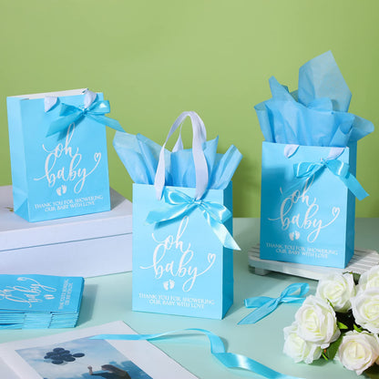 PerKoop 50 Packs Baby Shower Gifts Bags Bulk Baby Shower Favor Bags with Handle Paper and 50 Sheets Decorative Tissue Paper for Guests Gifts Gender Reveal(Blue)