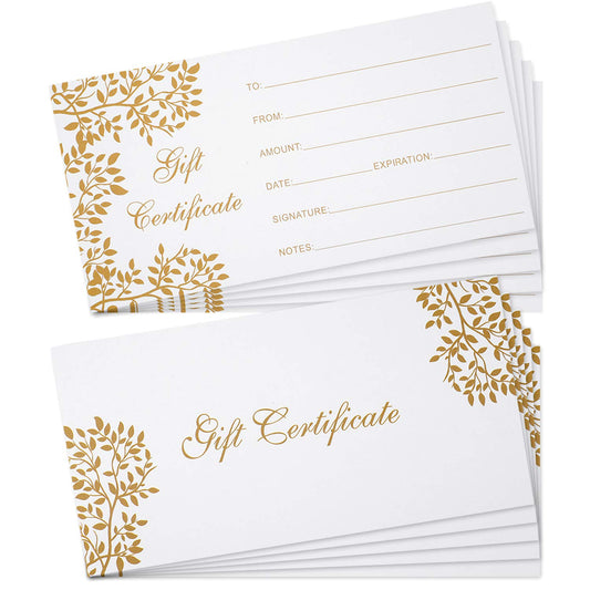 Outus 50 Pcs Blank Gift Certificates for Business Vouchers Coupon Certificates Cards Graduation Gift Card for Spa Salon Restaurants Custom Client Birthday Wedding, 3.5 x 7 Inch(White)