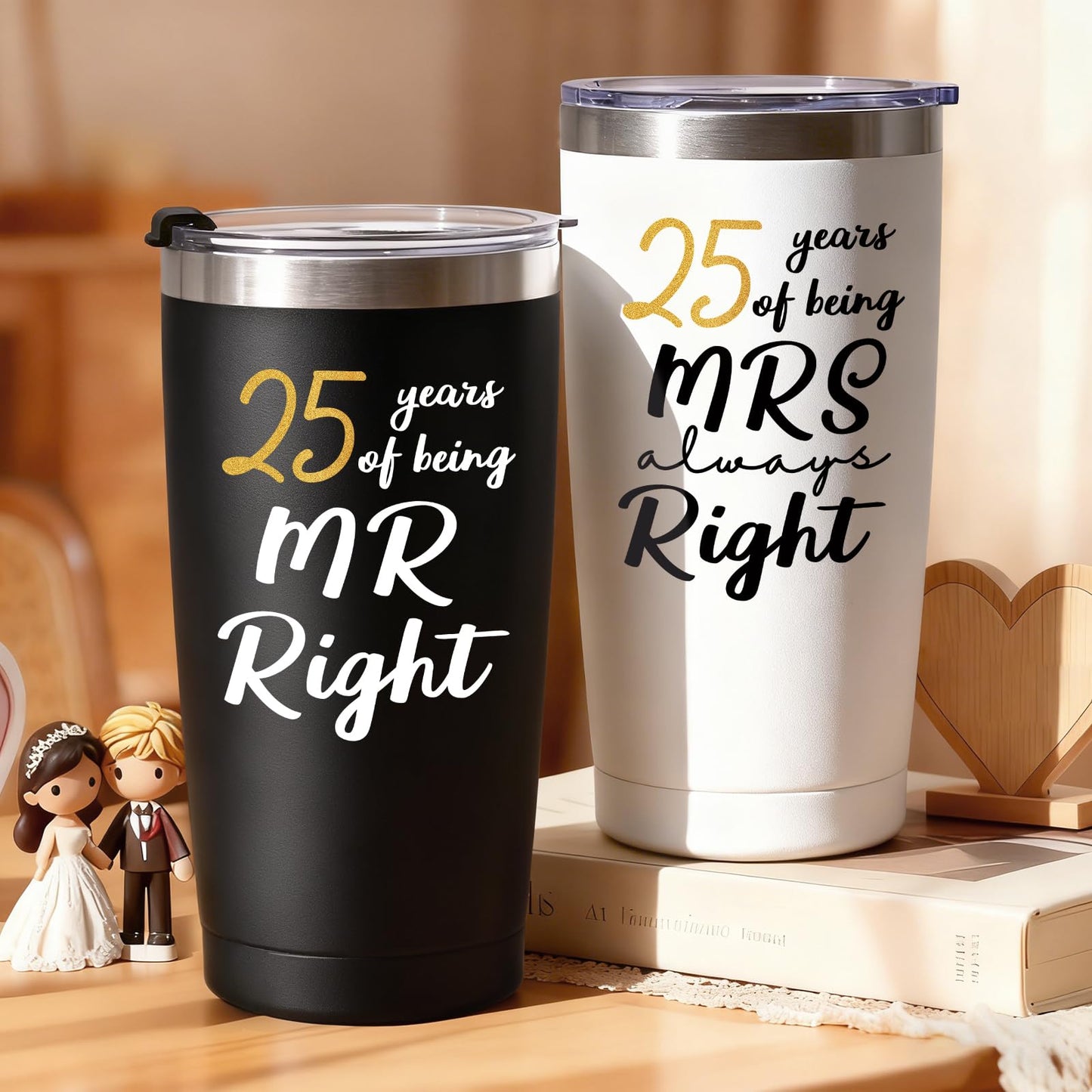 Lifecapido 25th Wedding Gifts, Couple Gifts for Parents Friends Hunsband Wife, 25th Mr Right & Mrs Always Right Tumbler Set with Lid & Straw(20oz, Black & White)