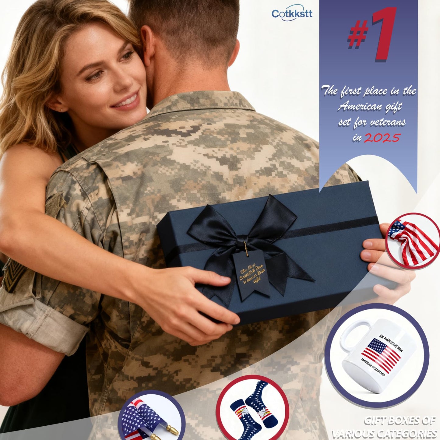 6Pcs New US Citizenship Gifts American Flag Gifts Set, 4th of July Decorations Gift, American Citizenship Gifts for Veterans, Includes Mug, American Flag and Socks, Black Bow Gift Box & More