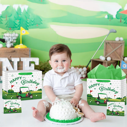 Hooqict Large Golf Gift Bag Golf Themed Birthday Party Gift Wrapping Bag with Handles, Tissue Paper, Greeting Cards for Kids Boys Men Goodie Candy Treat Party Favors
