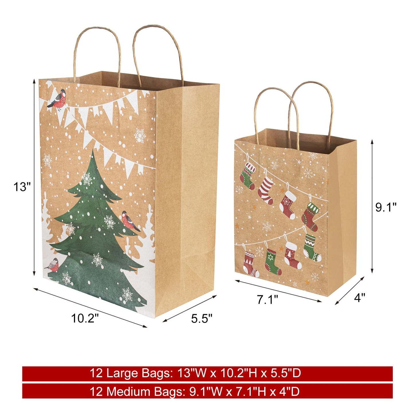 CHARMGIFTBOX Christmas Gift Bags, 24-Pack Kraft Paper Gift Bags with Handles, 12 Large 13” & 12 Medium 9” Assortment for Holiday Party Favors, Gift Wrapping, Xmas Decor