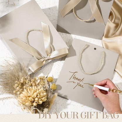 Silkfly 12 Pcs Wedding Paper Gift Bags with Handle 9x7x3.15'' Thank You Gifts Bags with Ribbon Bow Bridal Shower Gifts for Baby Shower Graduation Holiday Birthday Party Supplies (Champagne)