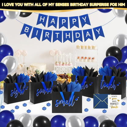 Epoesch 5 Senses Gift Bags for Him with Labels & Tissue Paper | Happy Birthday Decorations Kit with Banner, Balloons, Rose Petals, Envelope, Card for Men, Boyfriend, Husband(Black - Blue lettering)