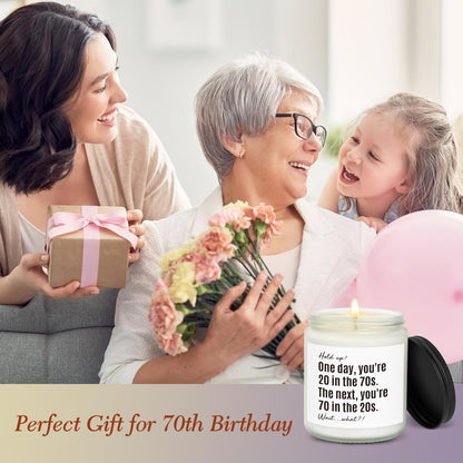 70th Birthday Gifts for Women, Men, 70th Birthday Gift, Gifts for 70 Year Old Woman, Happy 70 Year Old Bday Candle 7oz Soy Wax Lavender & Woods Scented