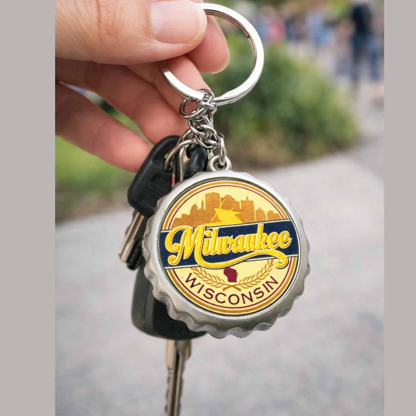 Milwaukee Keychain Metal Opener Wisconsin Vacation Souvenir Key Ring with Bottle Cap Skyline Design