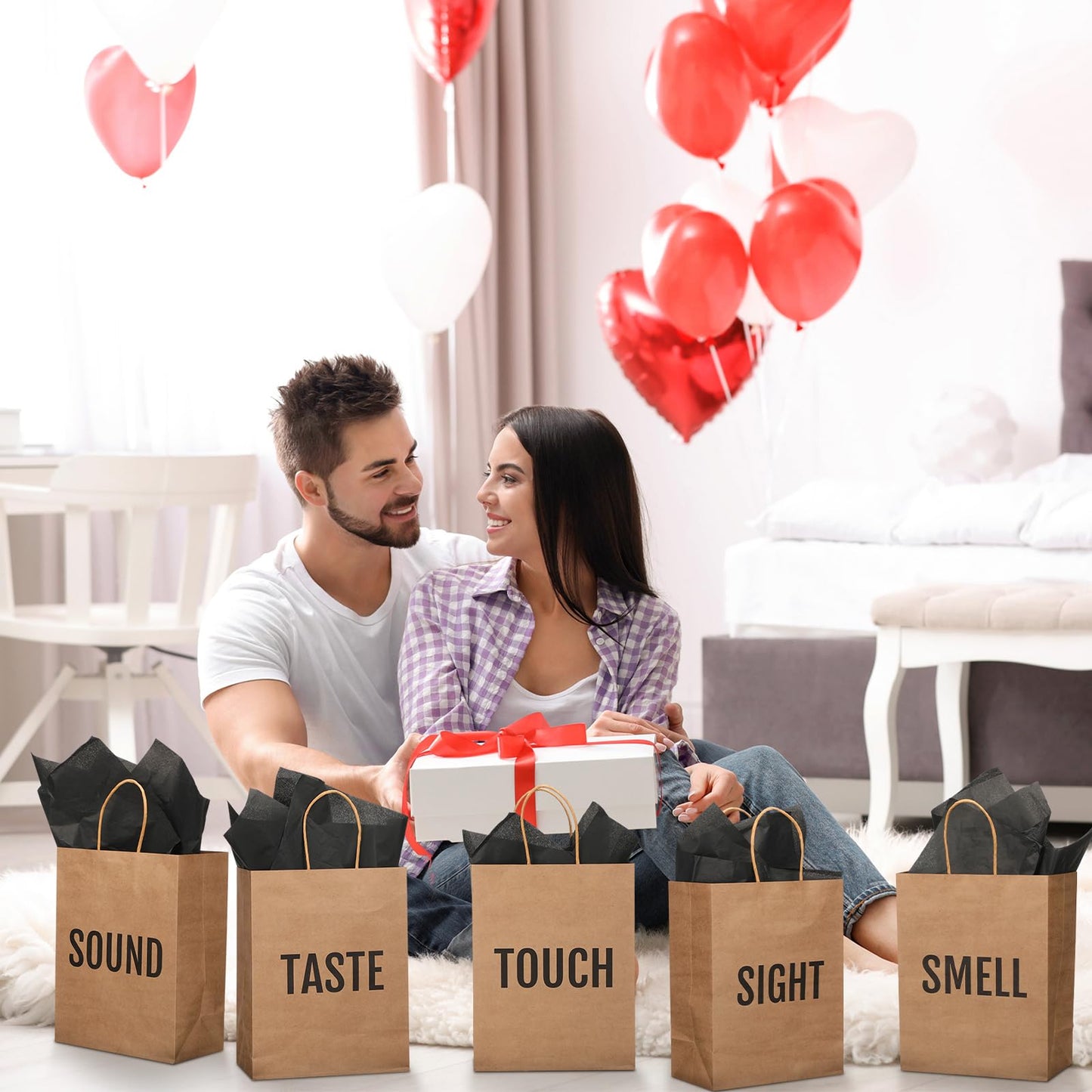 Kolldenn 5 Senses Gift Bags for Him for Her with 10 Pcs Tissue Paper, Paper Bags with Handles Five Senses Gifts for Valentines Christmas Birthday Wedding Anniversary (Kraft,8.3 x 4.3 x 10.6 Inch)