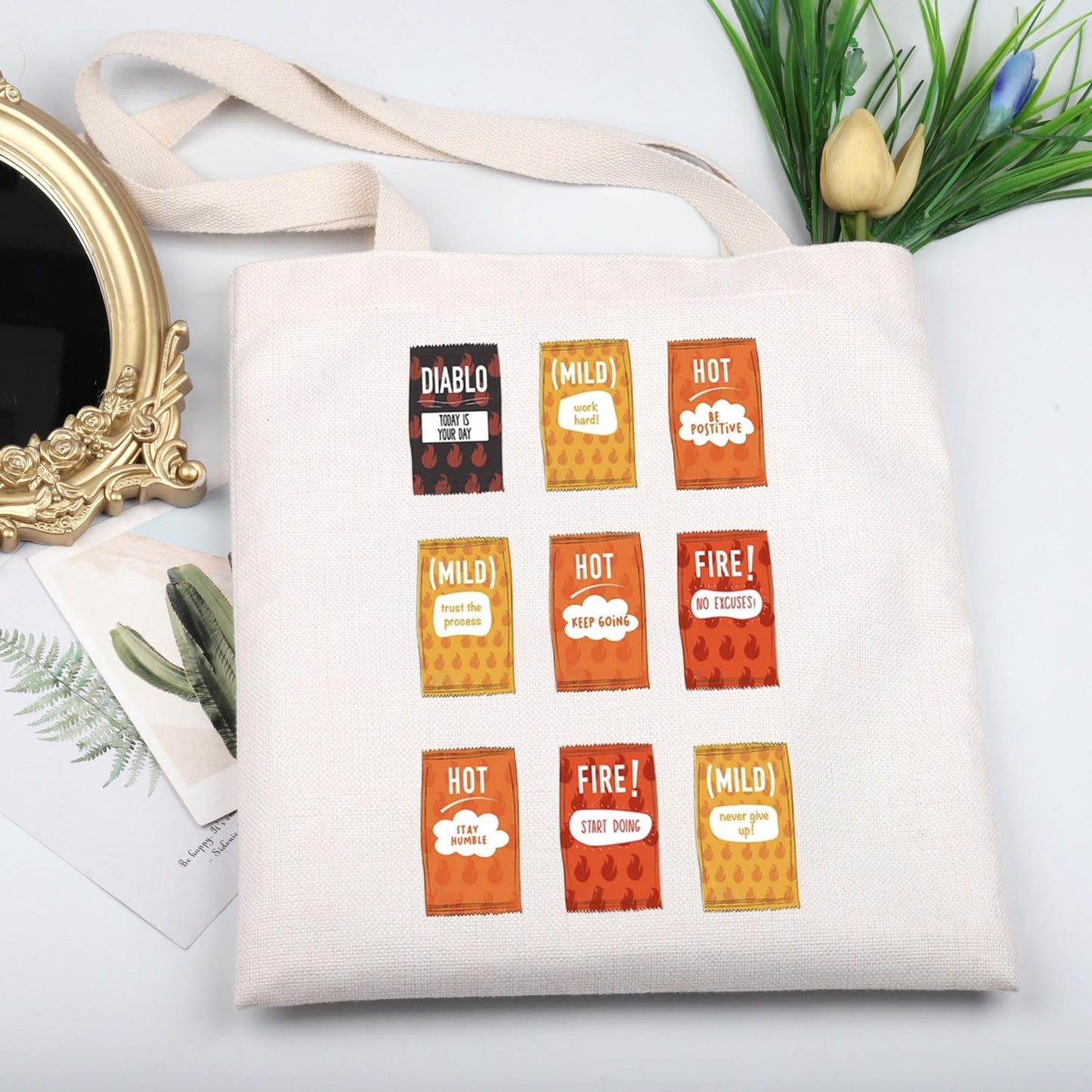 KUIYAI Taco Sauce Inspired Tote Bag Hot Sauce Lovers Canvas Bag Taco Sauce Packets Theme Mexican Foodie Gift Taco Seasoning Mix Gift (TacoSauceToteS)