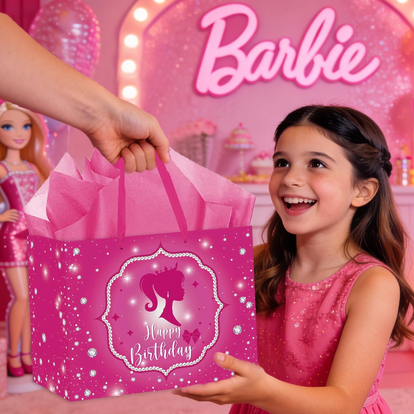 RTMISA Hot Pink Birthday Gift Bag with Tissue Paper and Greeting Card Princess Birthday Gifts Wrapping Bag for Girls Women Fashion Pink Doll Happy Birth Day Party Decorations Supplies