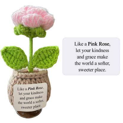 Handmade Crochet Flower Pots with Card | Decor, Gift, Appreciation for Women, Best Friends, Teachers, Coworkers | Perfect for Birthday, Christmas, Mother’s Day, Special Occasions (Pink Rose)