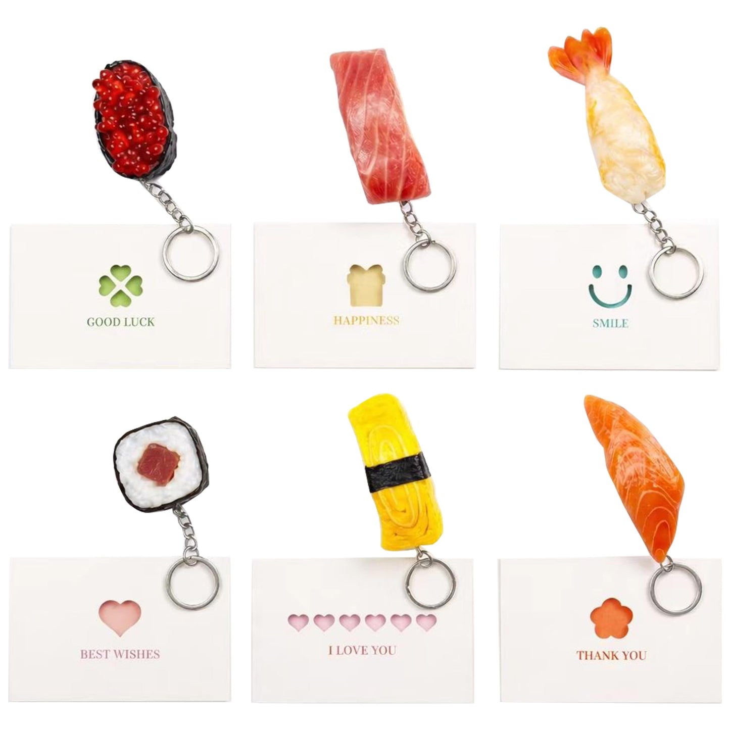 Sushi Keychain Set 6PCS with Gift Cards, Sushi Bag Charm Cute Sushi Key Ring Collection for Food Lovers, Funny Key Holder for Keys Bags or Backpack, Creative Gift for Friends Birthday Coworker Holiday
