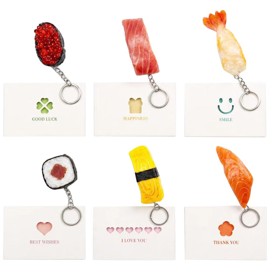 Sushi Keychain Set 6PCS with Gift Cards, Sushi Bag Charm Cute Sushi Key Ring Collection for Food Lovers, Funny Key Holder for Keys Bags or Backpack, Creative Gift for Friends Birthday Coworker Holiday