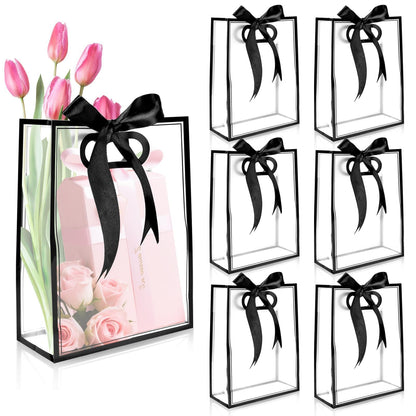 BadenBach 20 PCS Clear Gift Bags with Handles,7"x10"x3.2", Reusable Clear Party Favor Bags with Ribbon,Transparent Plastic Gift Bags for Bridal Party Baby Shower Wedding Mother's Day,Black