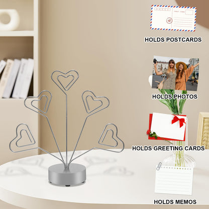 Desktop Heart-Shaped Photo Tree Style Holders Round Base,5-Branch Family Picture Frame Clips Holder Desk Card Display Stand for Christmas,Wedding, Birthday Party,Gift Silver