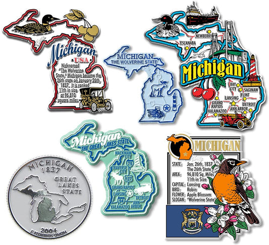 Michigan Six-Piece State Magnet Set by Classic Magnets, Includes 6 Unique Designs, Collectible 3D Rubber Vintage-Style Souvenirs and Gifts Made in the USA