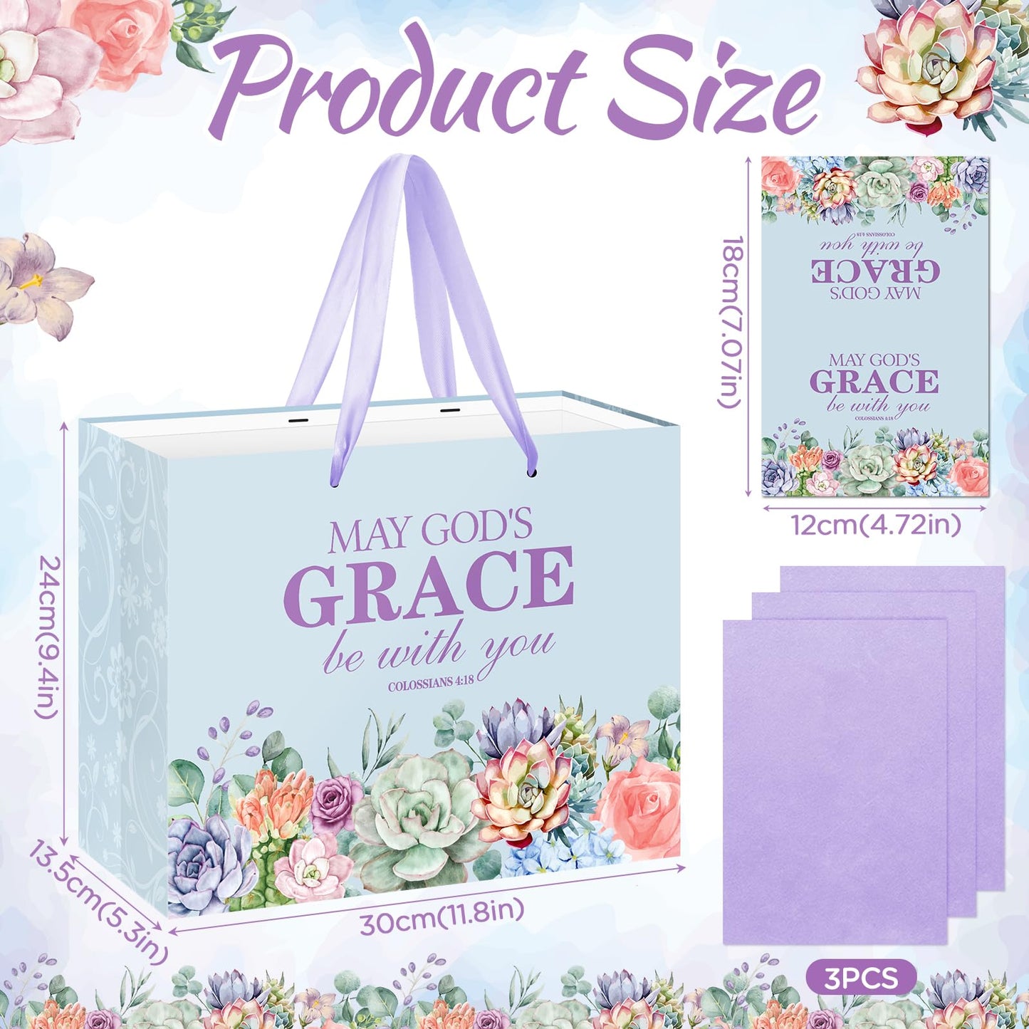 Christian Art Gifts Bag with Card & Purple Tissue Papers,Scripture Gift Bag,May God's Grace Be With You Scripture Gift Bag with Bible Verse for Mother's Day,Baptism,Wedding,Christian Goodie Treat Bag