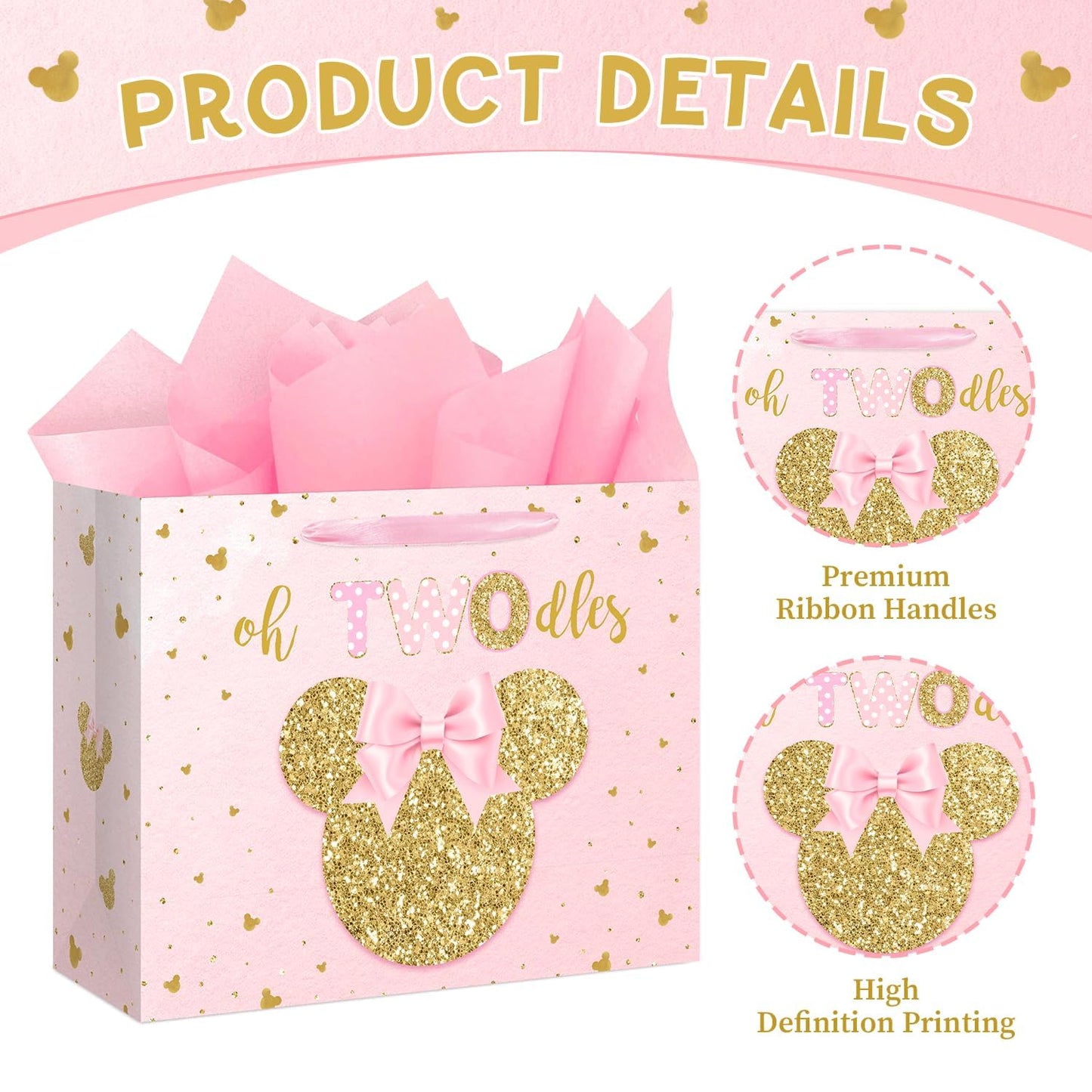 13" Large Oh Twodles Birthday Gift Bag with Tissue Paper and Greeting Card Glitter Pink Gold Wrapping Paper Bags Cartoon Mouse Happy 2nd Birthday Party Favor Bags for Girls 13"L x 10.2"H x 4.9"W