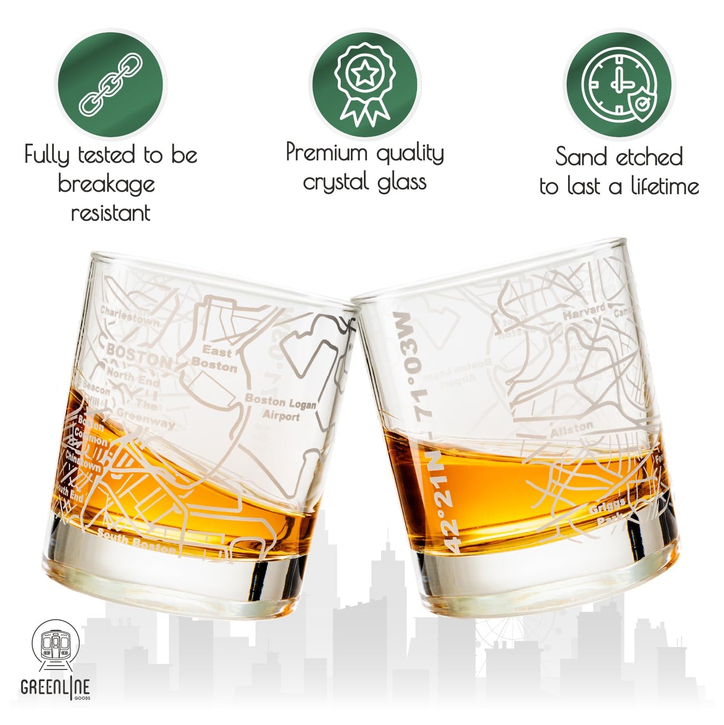 Greenline Goods Whiskey Glasses - 10 Oz Tumbler Gift Set for Boston lovers, Etched with Boston Map | Old Fashioned Rocks Glass - Set of 2