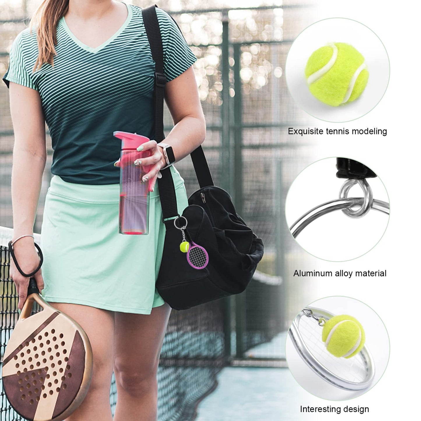 AUHOKY 18/6Pcs Mini Tennis Racket Keychain Key Ring, Fashionable Alloy Tennis Ball Split Ring for Sport Lovers Team(6 Colors)